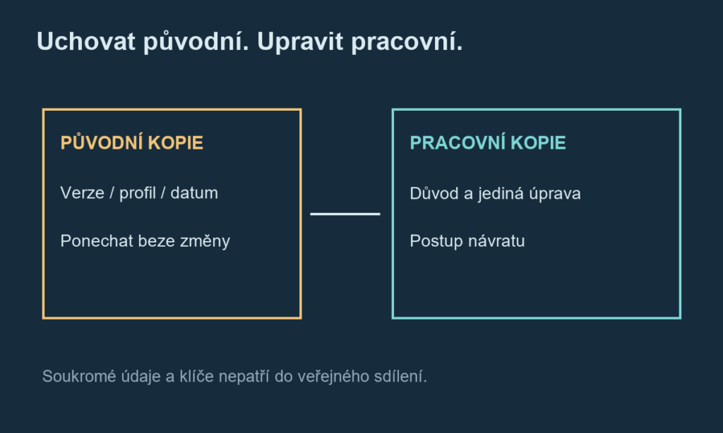 Původní kopie uchovává verzi, profil a datum beze změny. Pracovní kopie zaznamenává účel jediné úpravy a postup návratu.